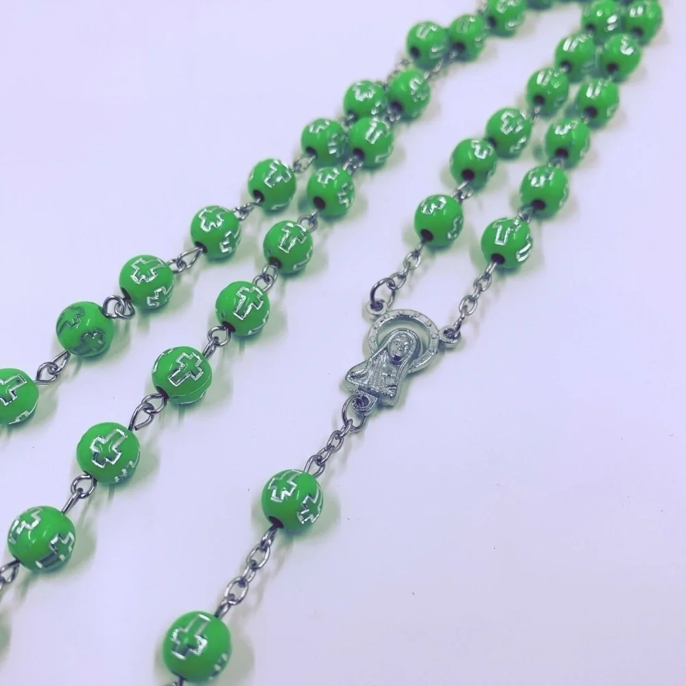 Catholic Lime Green Beaded Rosary Silver Crucifix Mary Cross Prayer Beads